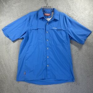 Simms Fishing Shirt Men Large‎ Blue Performance Stretch Short Sleeve Button Vent